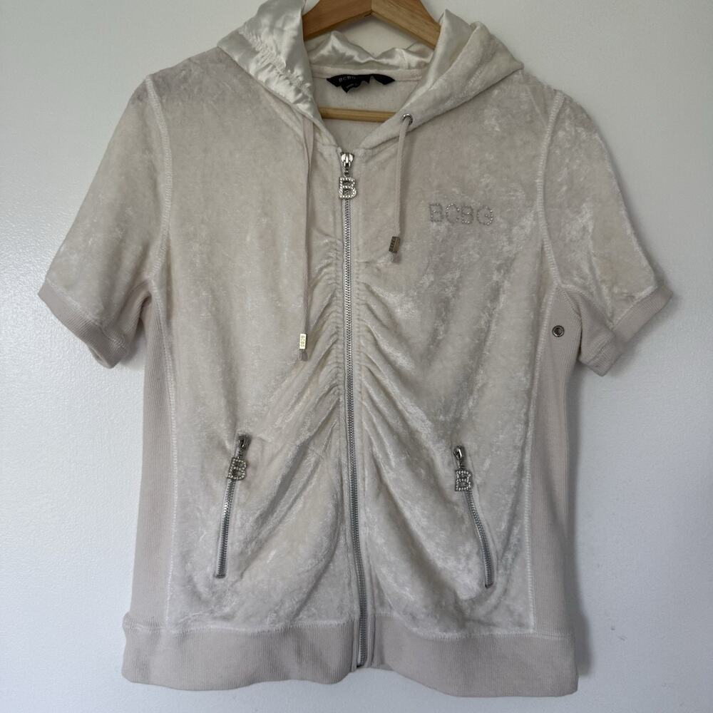 Y2K BCBG Velour Ivory Short Sleeve Rhinestone Bedazzled Hoodie L Trashy Bling